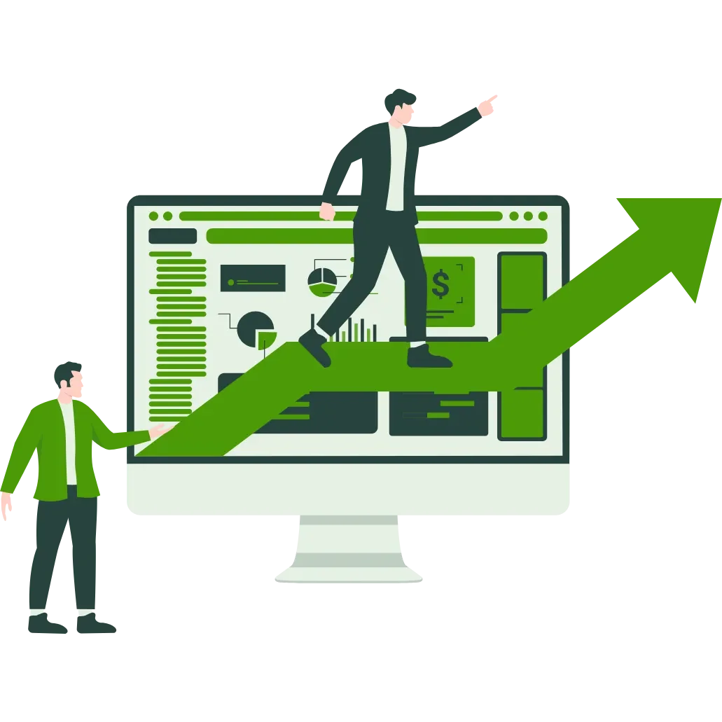 Illustration of two men using a computer with a large green arrow pointing upward, indicating growth or success in financial or business metrics.