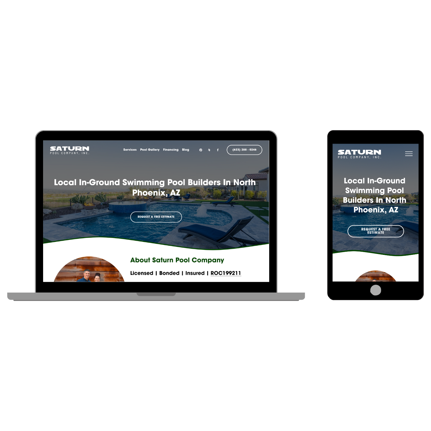 Screenshot of a website displayed on laptop and smartphone screens with a header, pool image, and contact information.