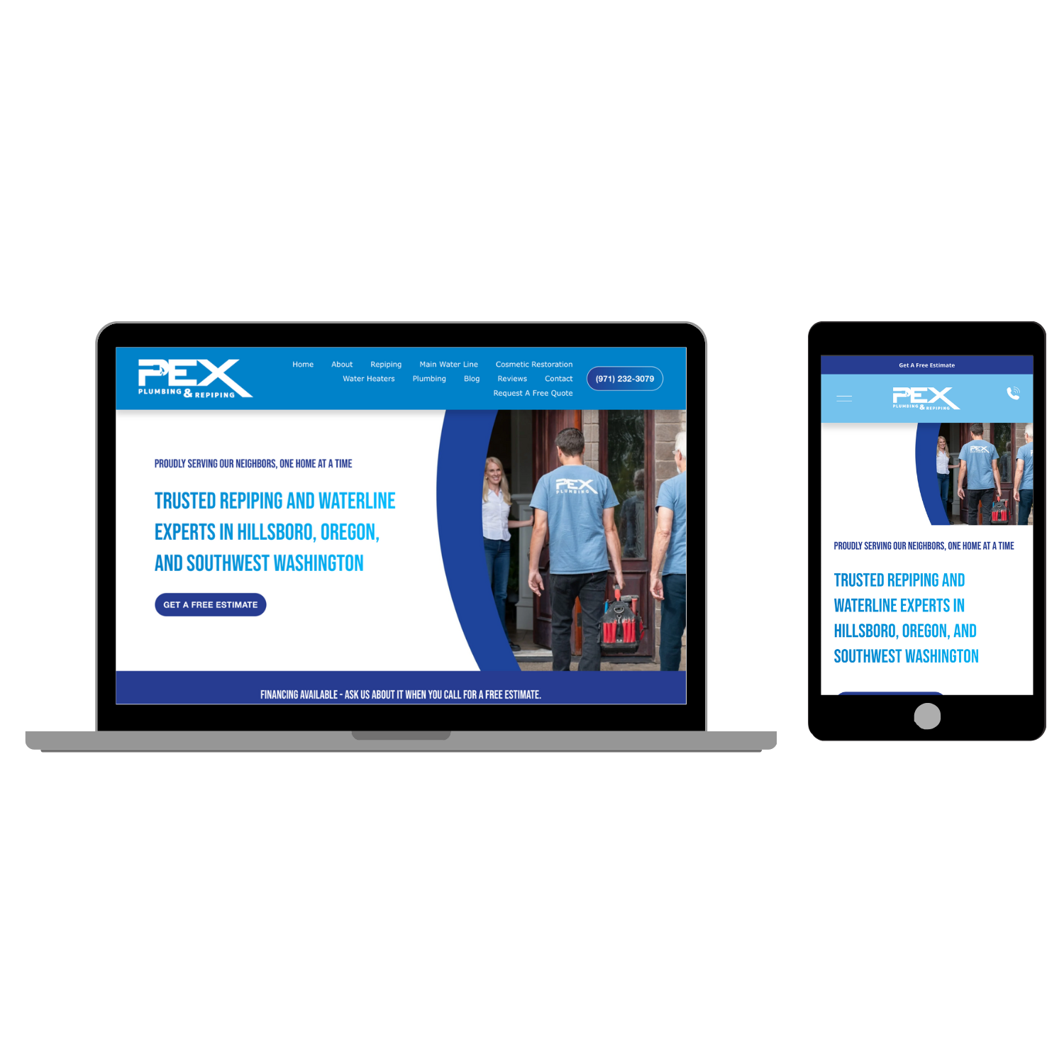 Laptop and smartphone displaying the website Plumbing & Repiping, featuring a blue and white theme with images of service workers in blue uniforms, and text emphasizing trusted repiping and waterline expertise.