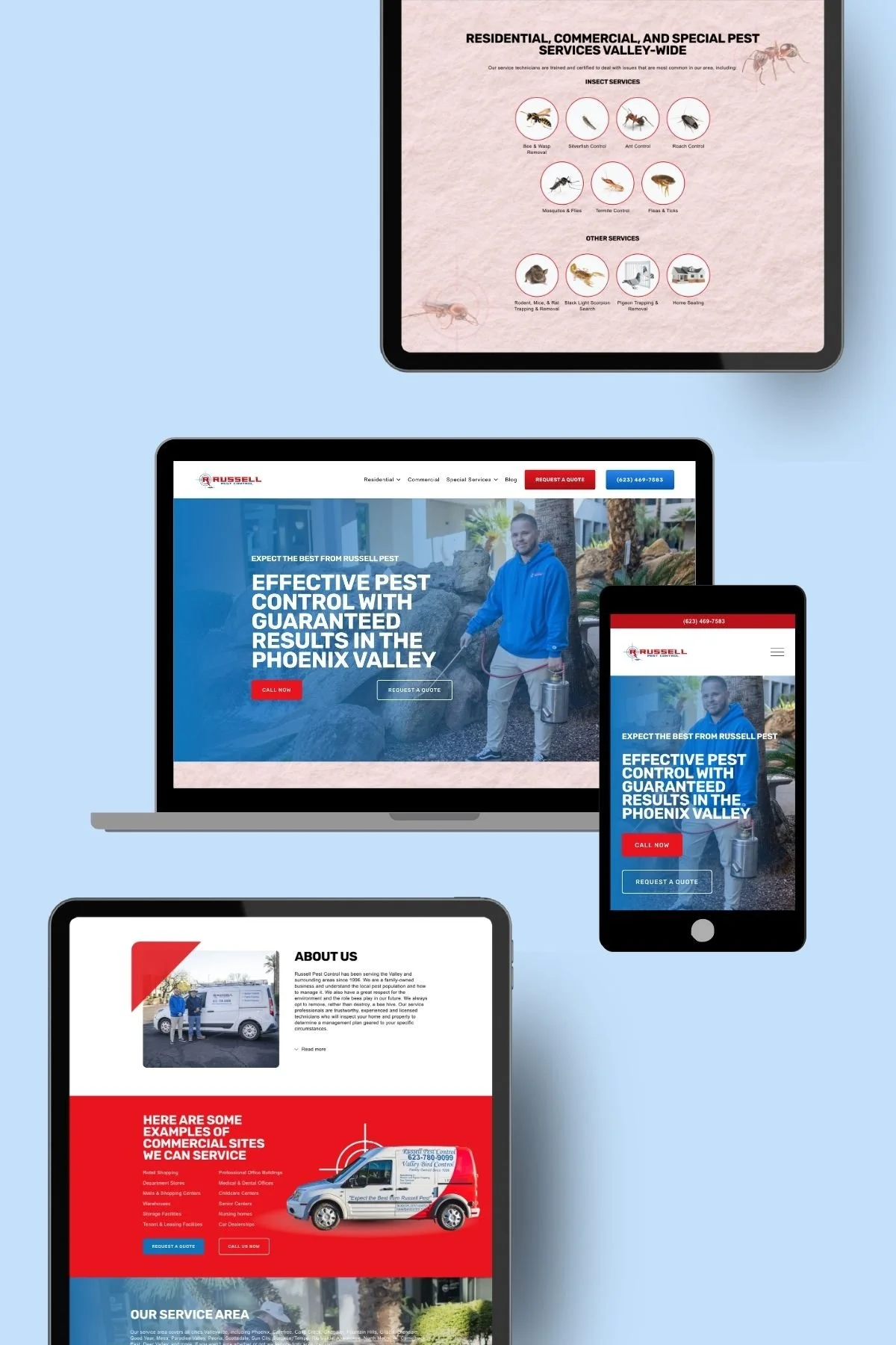 Screenshots of a pest control company's website displayed on a laptop, tablet, and smartphone. The site features a hero image of a technician with pest control equipment, and text highlighting effective pest control services with guaranteed results. Additional images show service offerings, an about section with a van, and service examples.