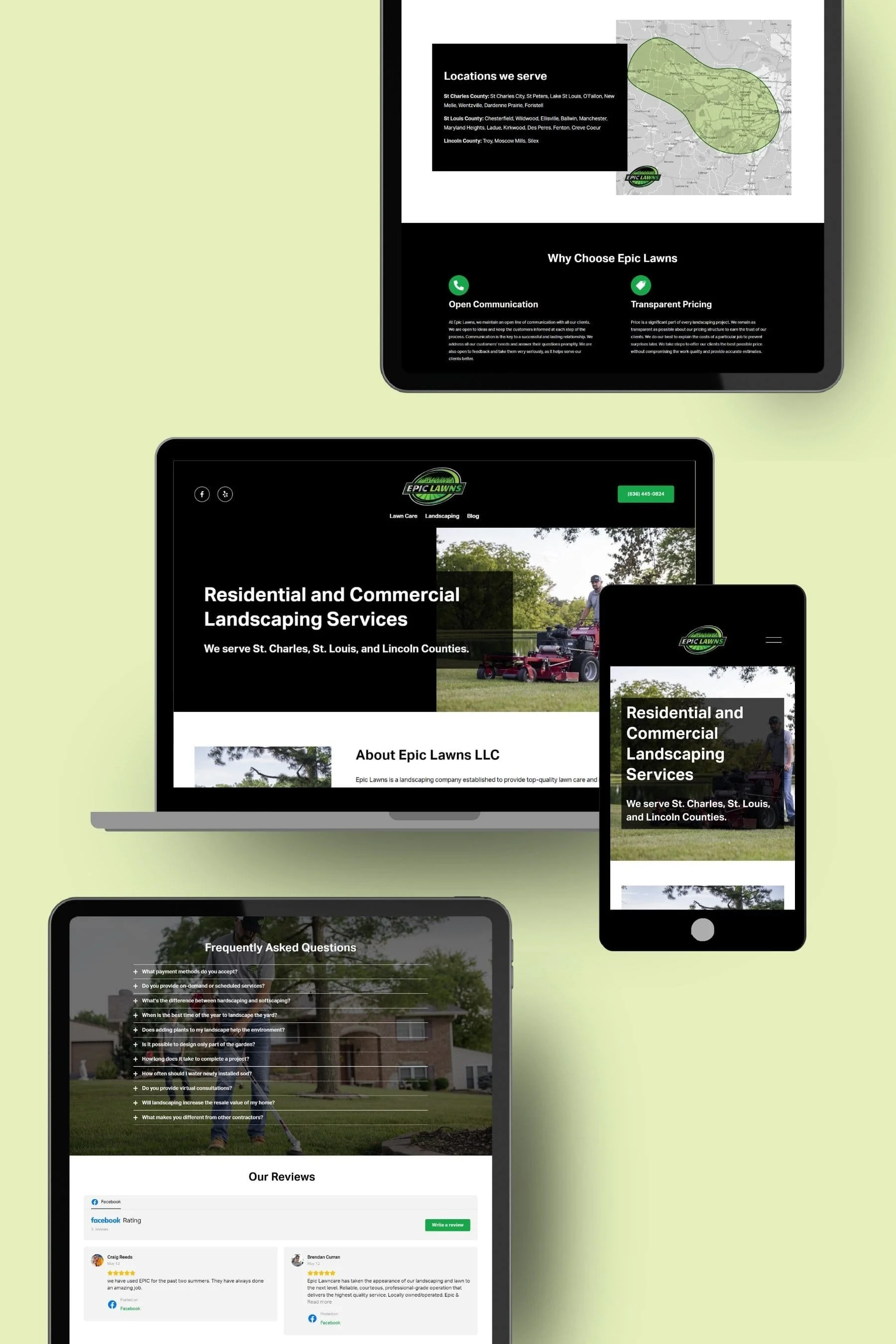 A collection of devices displaying a landscaping company's website on a light green background. The website features information about residential and commercial landscaping services, service areas, FAQs, reviews, and contact details.