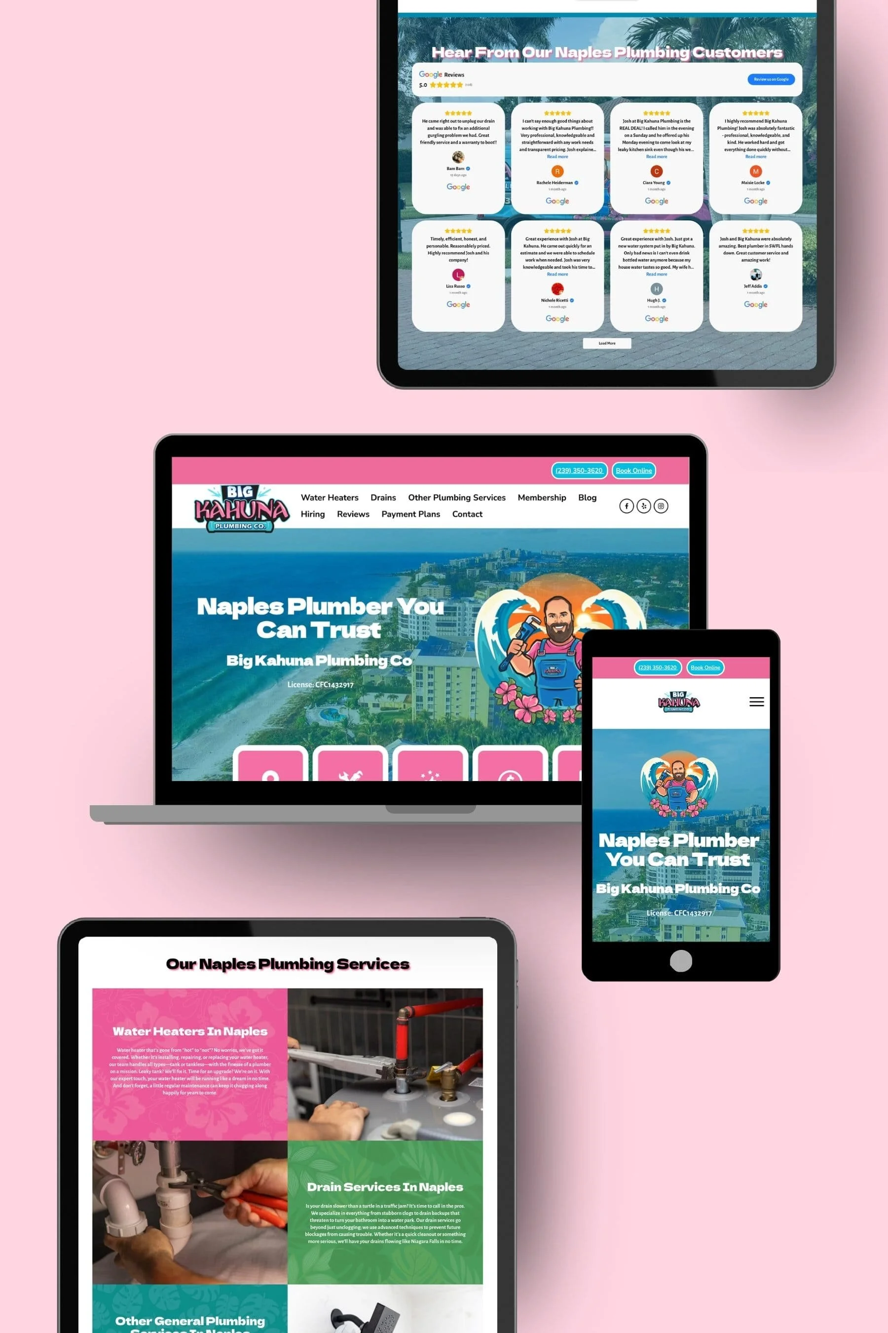 Responsive plumbing website design displayed on a laptop, tablet, and smartphone, showing homepage with company logo, contact info, service categories, and customer reviews.