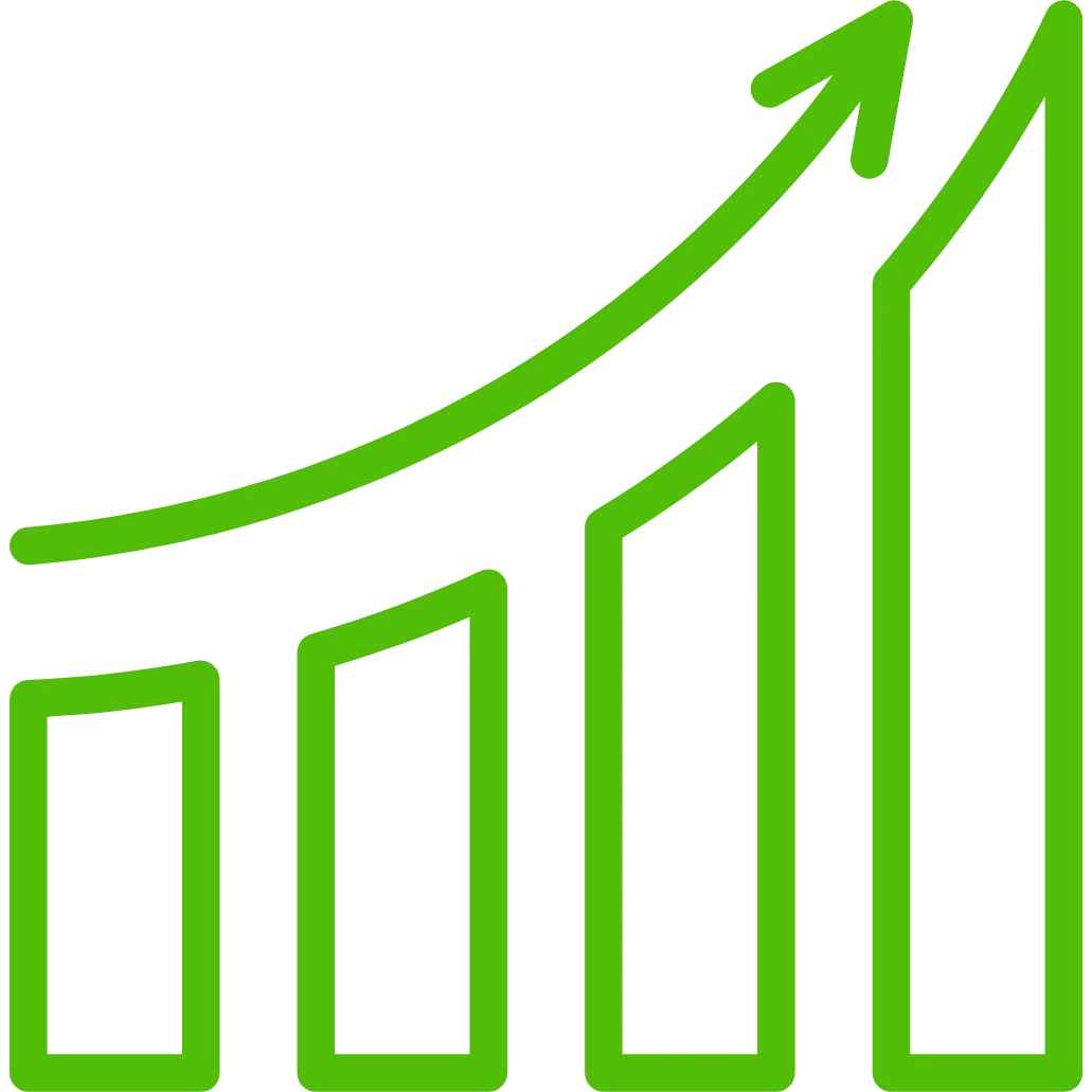 Green line graph with rising trend and increasing bar chart, indicating growth or increase.