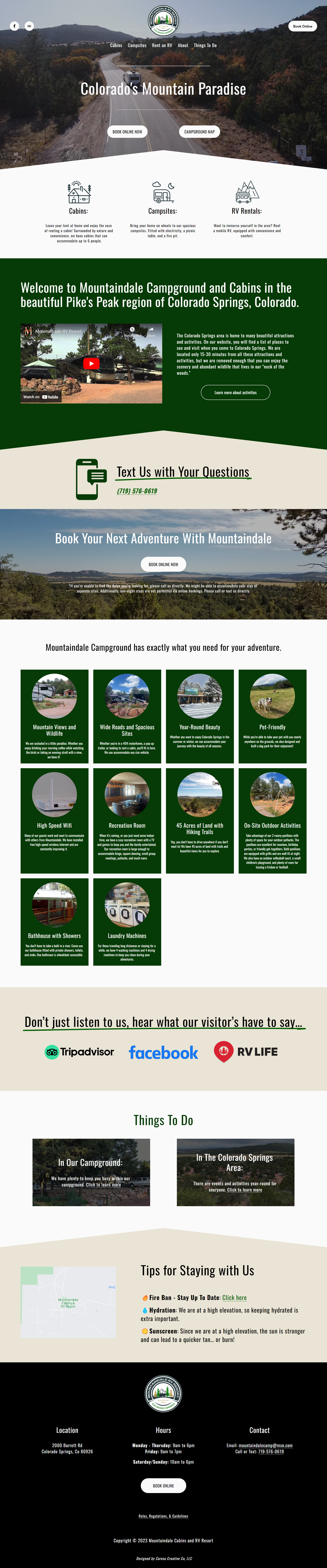 Website homepage for Campground and Cabins, featuring a mountain road, amenities, and contact information.