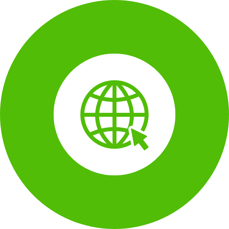 Green circular icon with a white globe and a cursor arrow pointing at it, representing internet or web access.