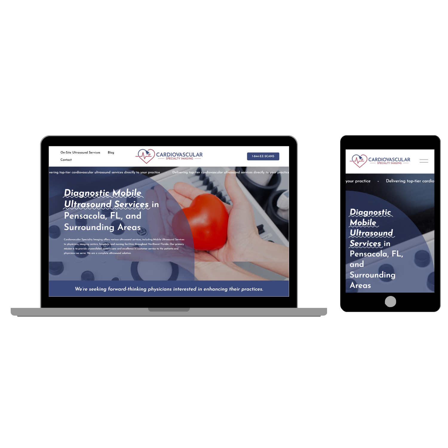 Image showing a laptop and smartphone displaying a website promoting diagnostic mobile ultrasound services with a background of a hand holding a red heart model.