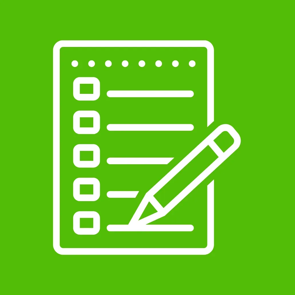 Icon of a checklist with a pen on a green background.