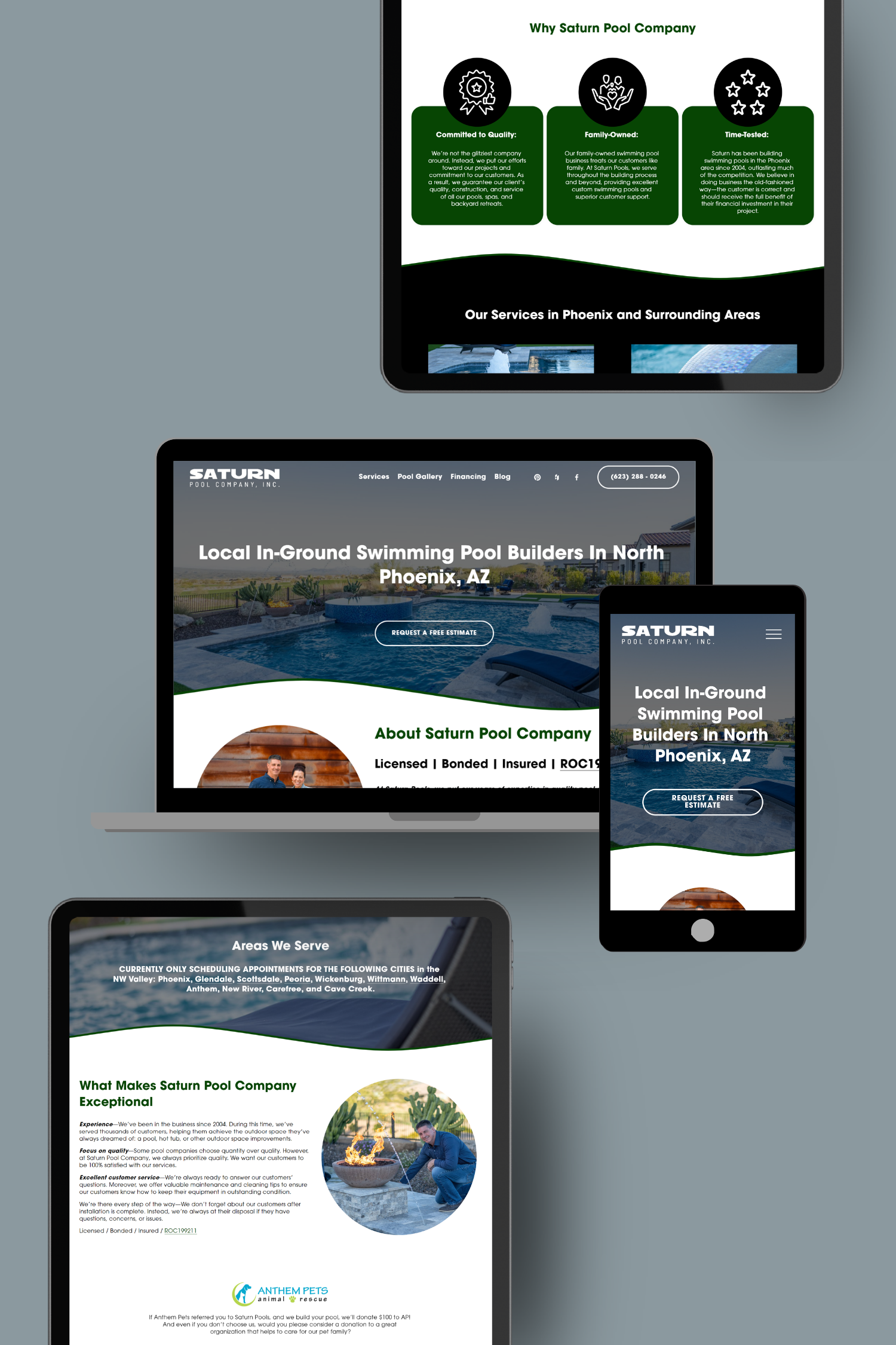 Screenshots of a swimming pool company's website displayed on various devices, including a tablet, laptop, smartphone, and another tablet. The website features sections about services, company information, and areas served.