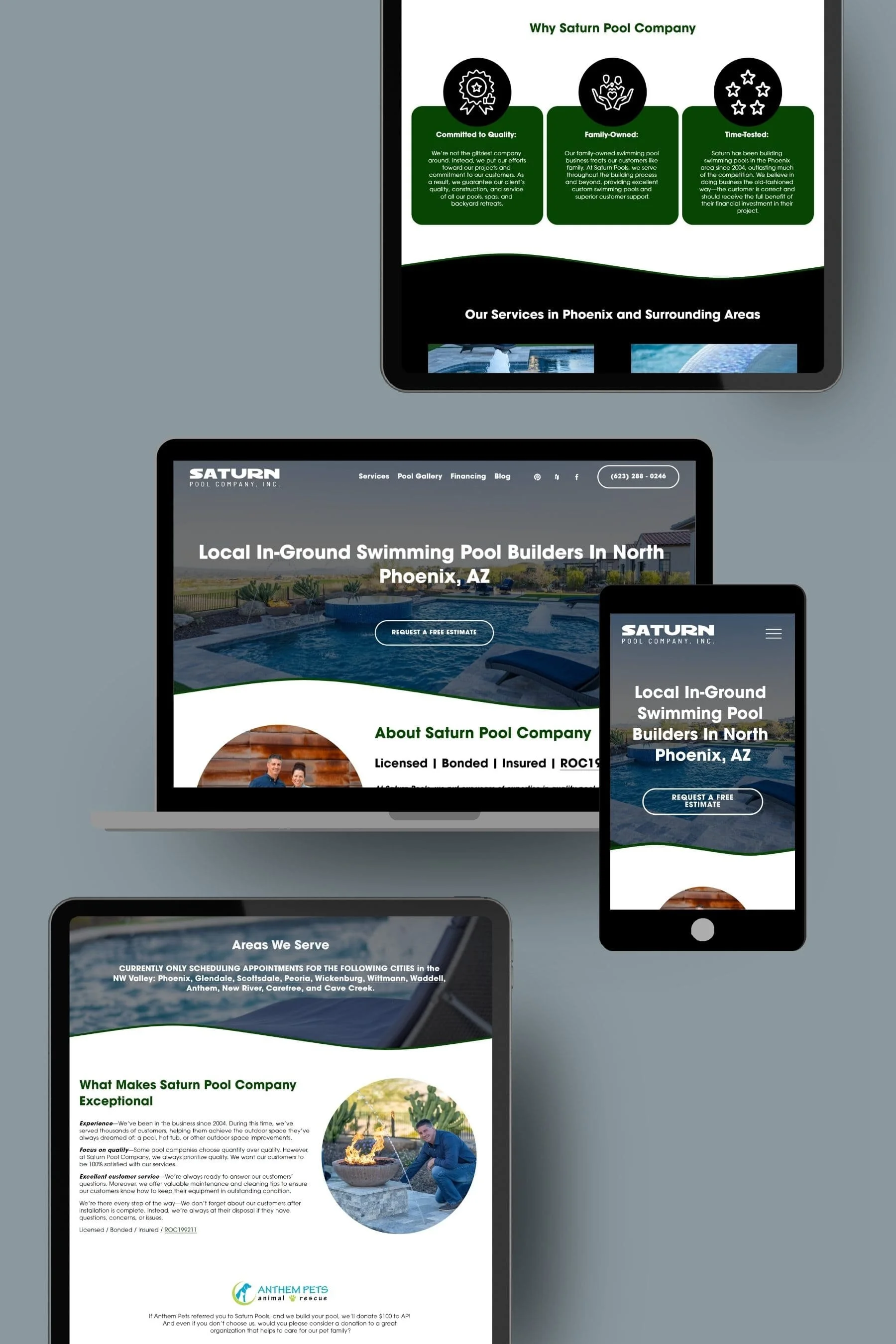 Website screens showing swimming pool services, with description of company values, services, and area coverage.