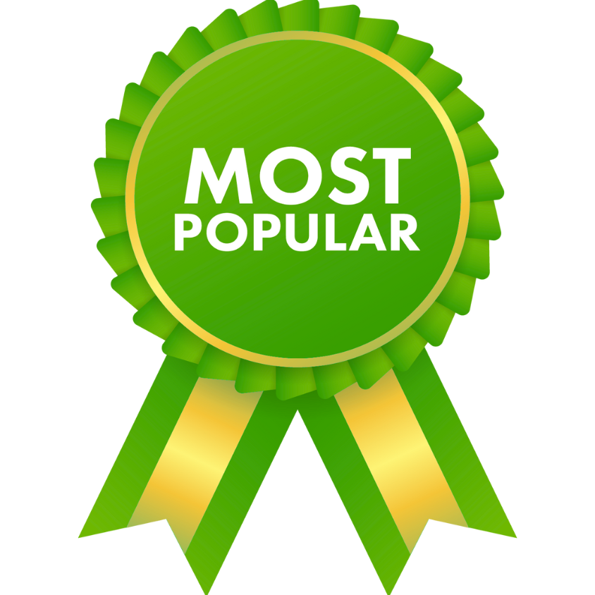 Green award ribbon with gold accents and the words "Most Popular" in white text in the center.
