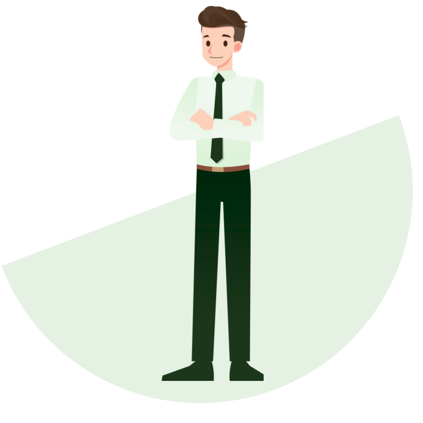 Cartoon illustration of a young man with brown hair, wearing a white shirt, green tie, and dark green pants, standing with arms crossed on a white and black background.