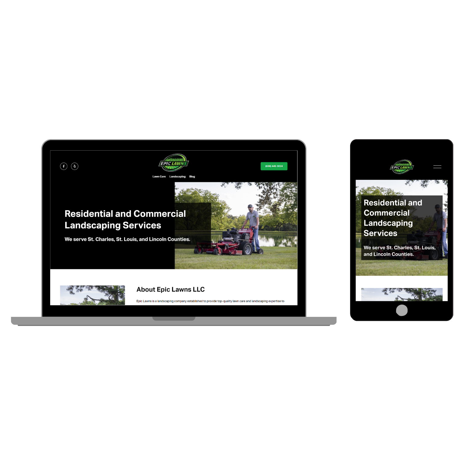 Laptop and smartphone screens displaying website with a man mowing a lawn in a yard.