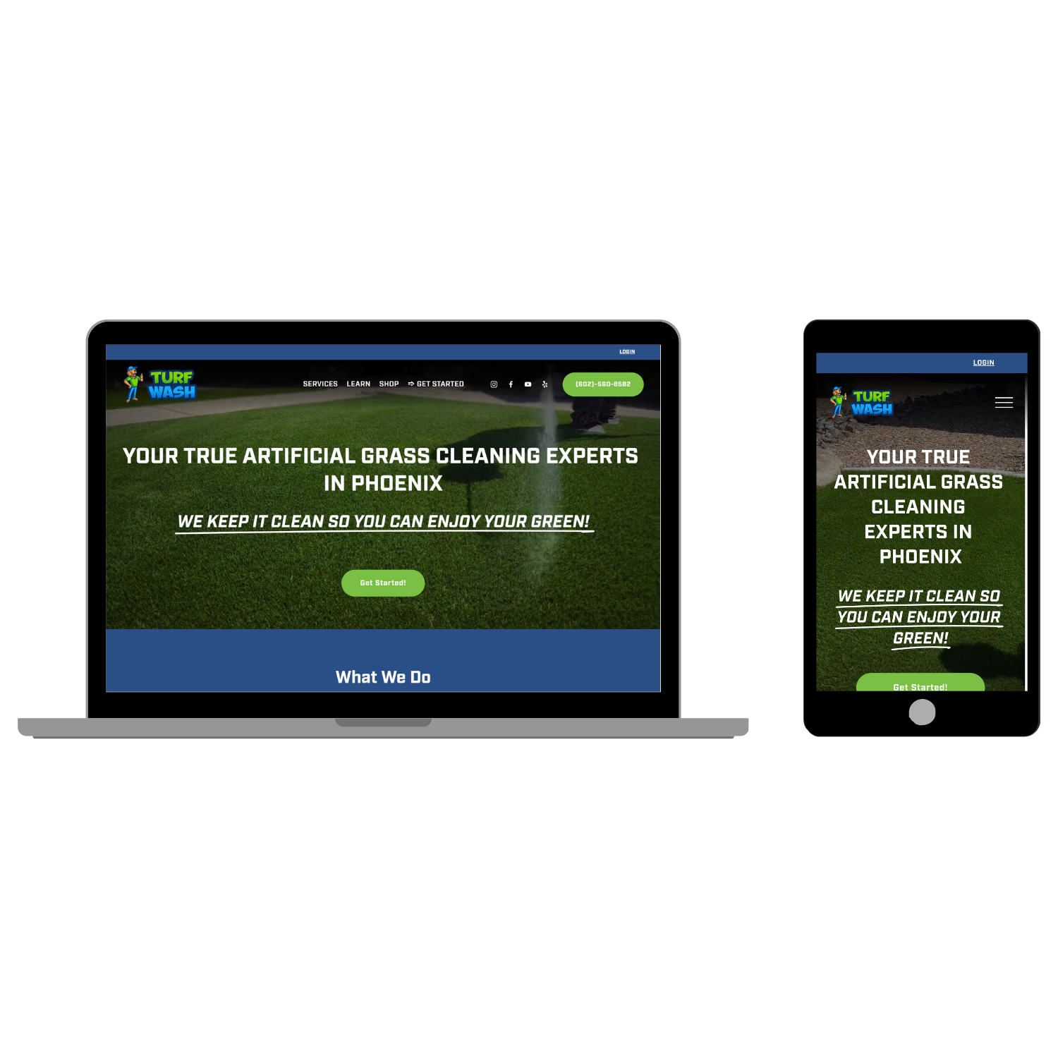 Laptop and smartphone displaying the website with a green grass background, green 'Get Started' button, and service information for artificial grass cleaning.