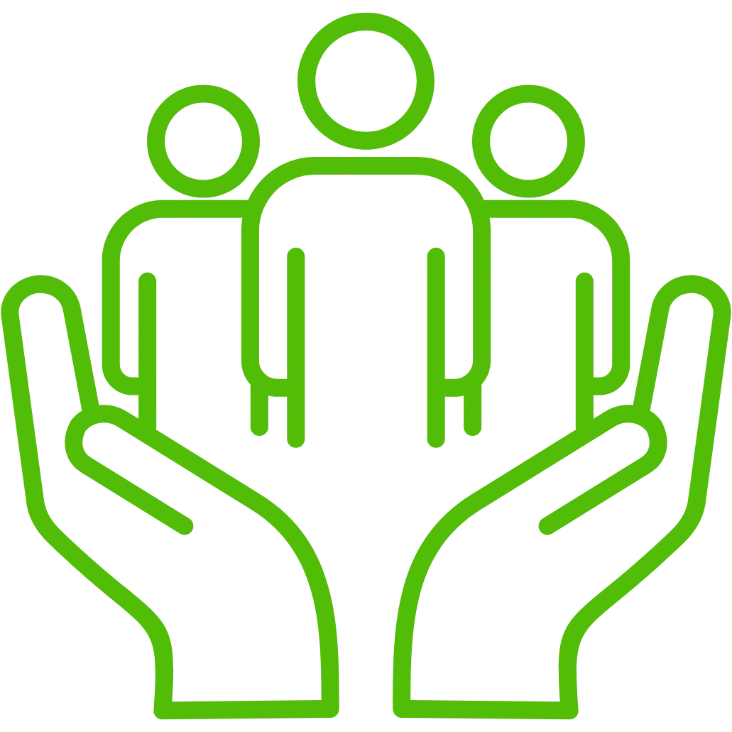 Green outline icon of two hands cupping three human figures, symbolizing support or community.