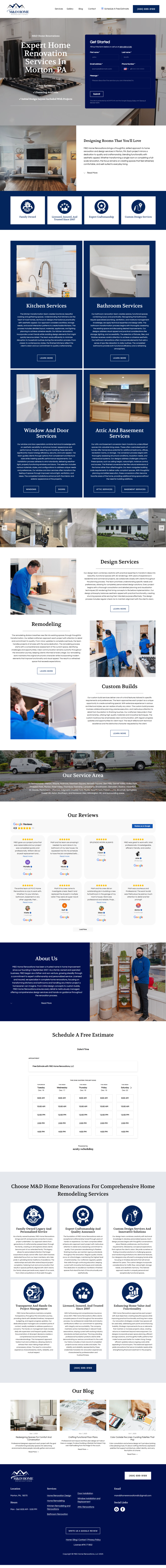 A professional home renovation company's website homepage, showcasing services such as kitchen and bathroom remodels, window and door services, attic and basement finishing, and above-ground features. Features include images of remodeled interiors, customer reviews, company information, and contact details.