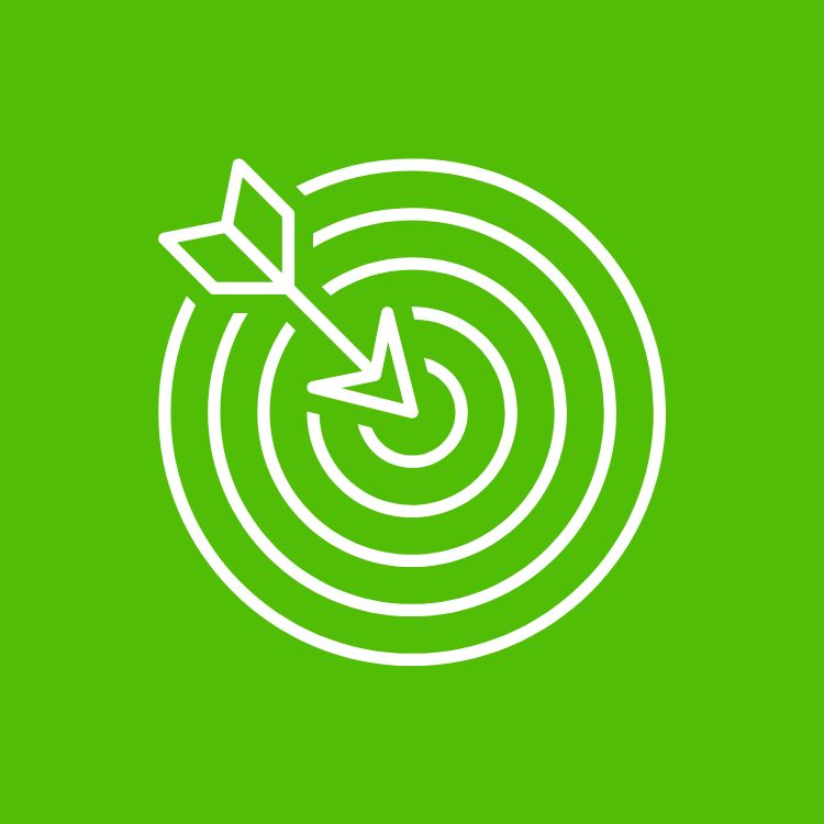 Green background with a white outline of a target and an arrow hitting the bullseye.