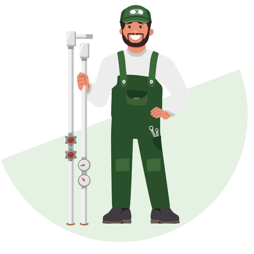 Illustration of a smiling male plumber wearing green overalls, a white shirt, a green cap, and black shoes, standing next to plumbing tools and pipes.