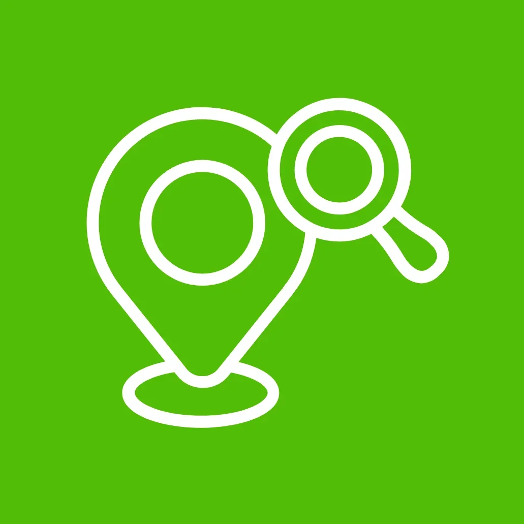 Green background with white icon of a map pin and magnifying glass.