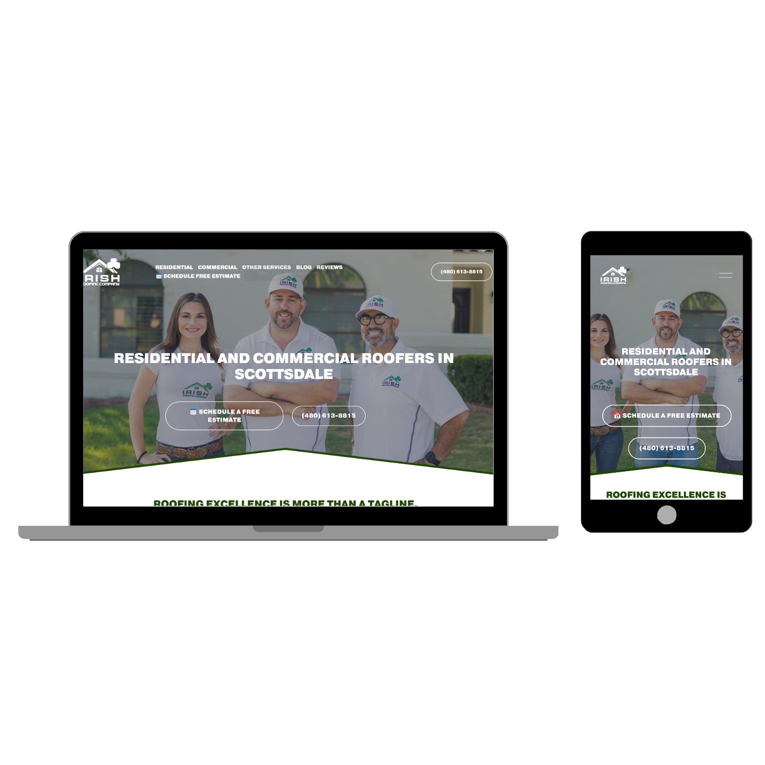 Website homepage for a roofing company, showing three smiling workers in branded clothing, with navigation menu options including residential, commercial, and other services, and contact details visible on both a laptop and mobile device screens.