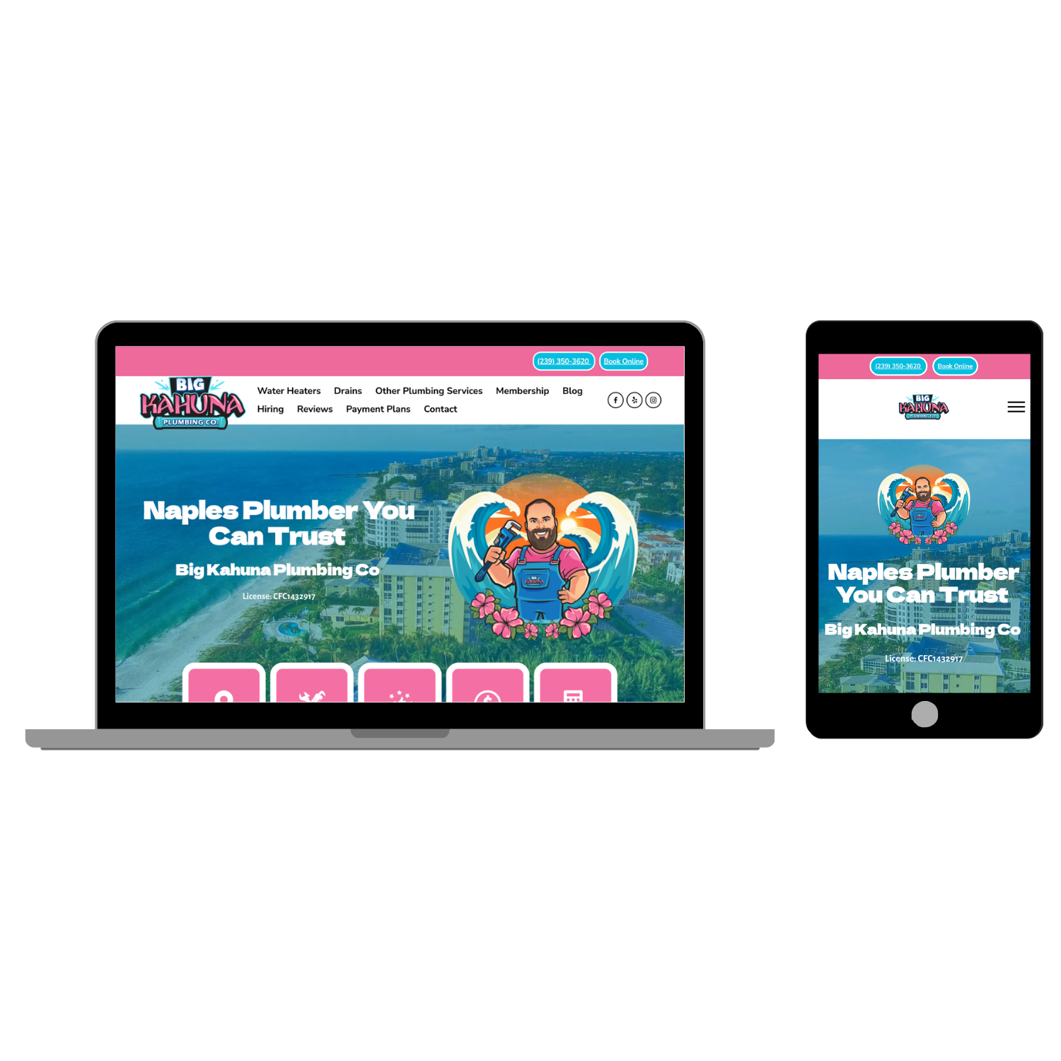 Screenshot of a plumbing company's website displayed on a laptop and a smartphone. The website features pink and blue colors, an aerial view of a beach city, and a cartoon mascot holding a wrench, with a background of water and pink flowers.