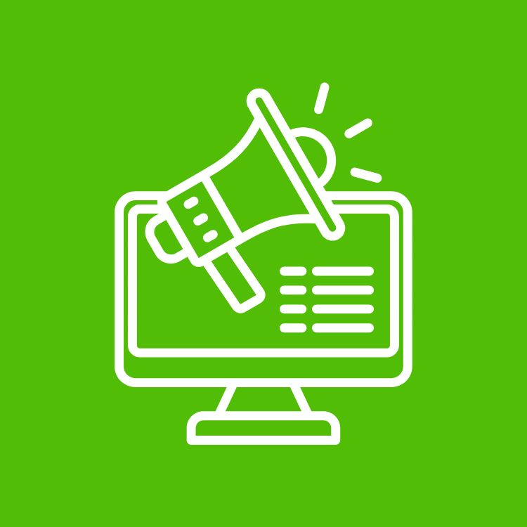 Outline icon of a computer monitor with a megaphone emerging from it on a bright green background.