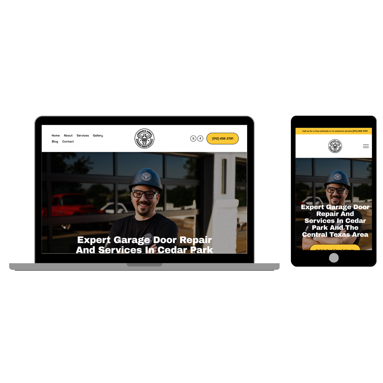 Computer screen and mobile phone displaying a website for expert garage door repair services with a smiling technician wearing safety gear.