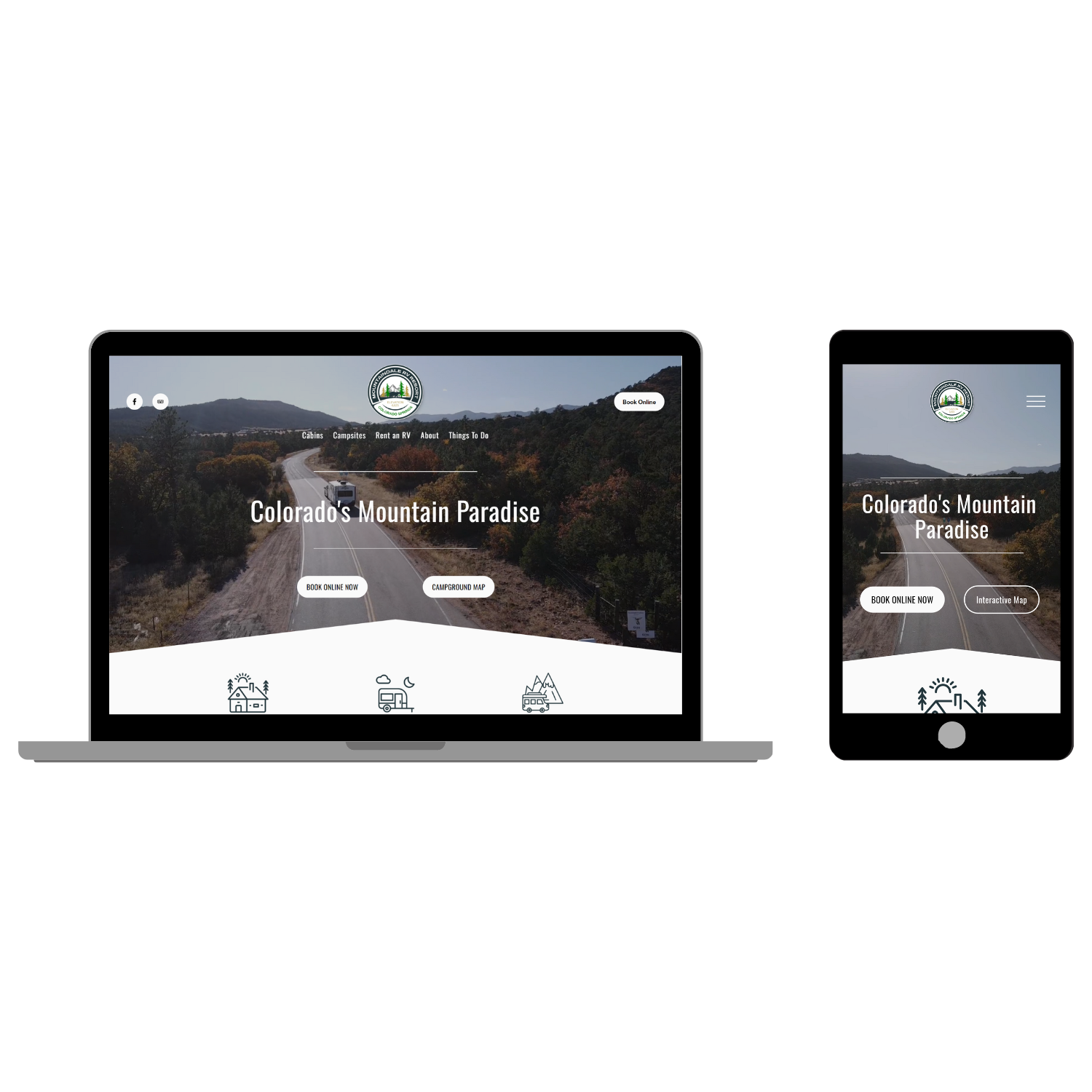 A laptop and a smartphone showing a travel website titled with scenic mountain landscape, navigation options, and booking buttons.
