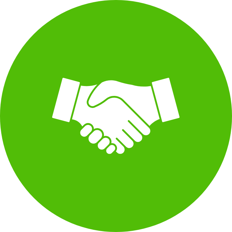 White handshake icon on a green circular background