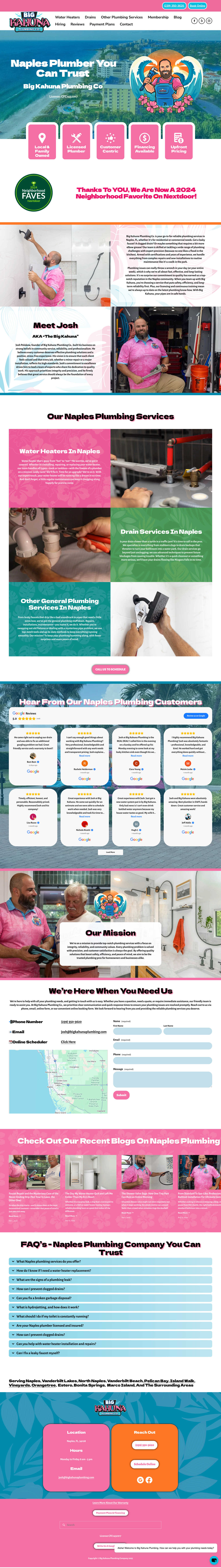 A mobile-friendly webpage for Plumbing Service, featuring a header with the company logo and navigation options, a hero section with a plumber illustration and trust message, sections introducing the plumber Josh and the plumbing services offered, customer reviews, company mission, contact details, recent blog posts, FAQs, and a footer with location, contact info, and social media links.