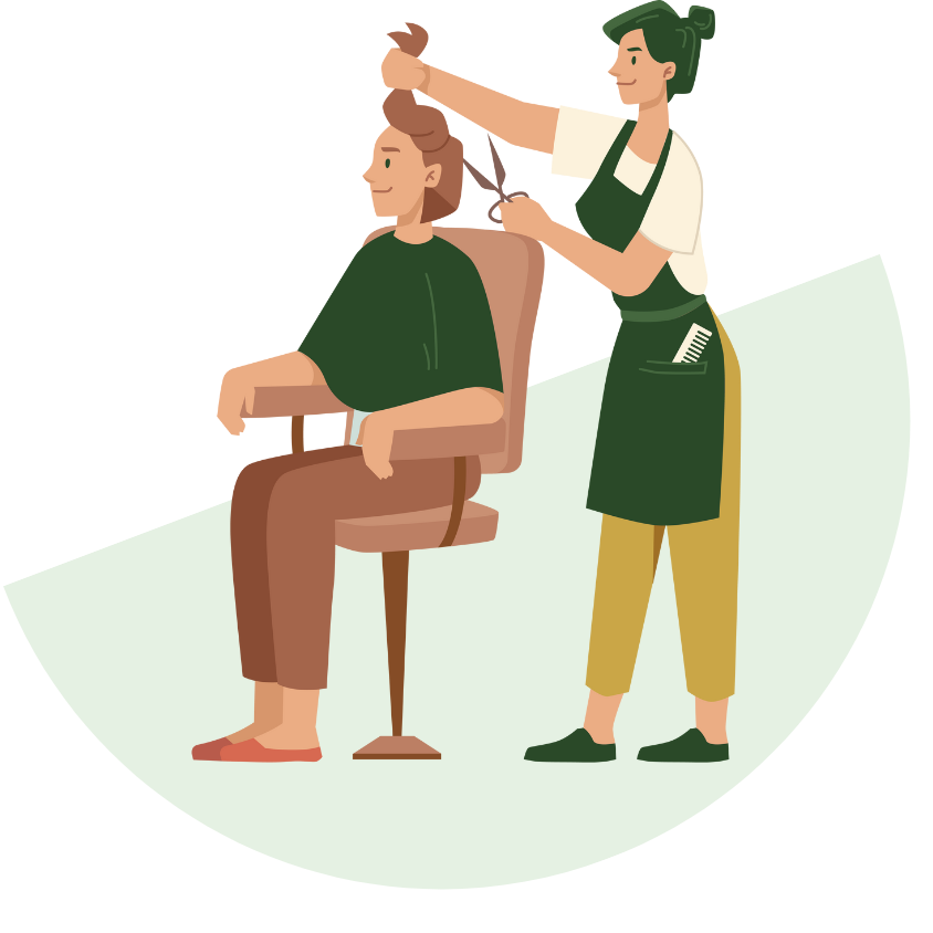 A person with green hair and casual clothing gives a haircut to a seated client with brown hair in a salon or barbershop.