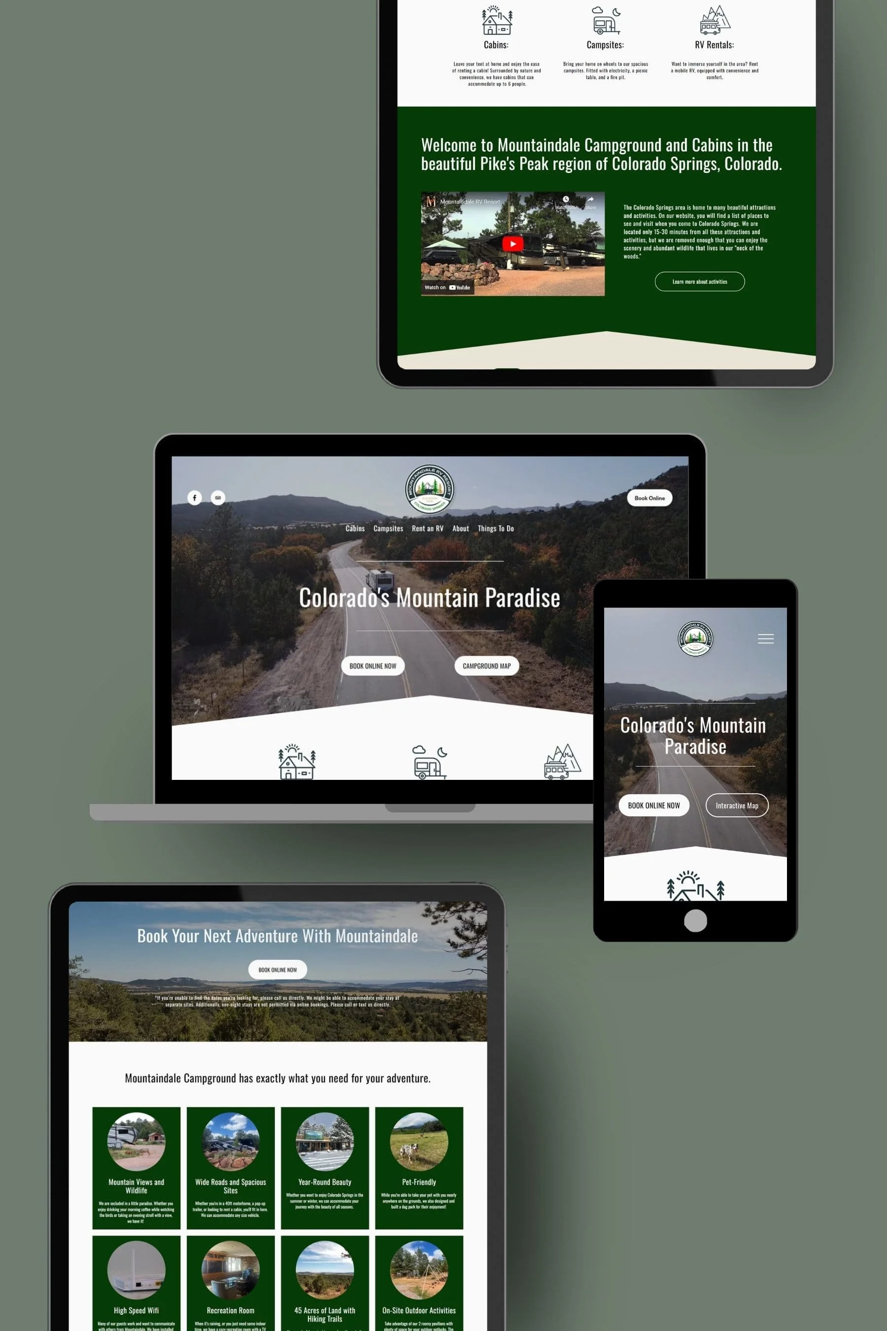 Screenshots of a campground's website displayed on various devices, including tablets, a laptop, and a smartphone. The website shows images of scenery, outdoor activities, and booking options.