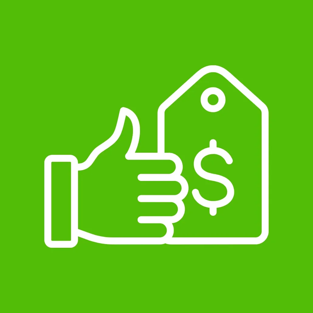 Outline icon of a hand giving a thumbs up next to a price tag with a dollar sign on a green background.