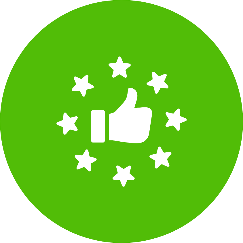 Green circular icon with a white thumbs-up symbol surrounded by white stars.