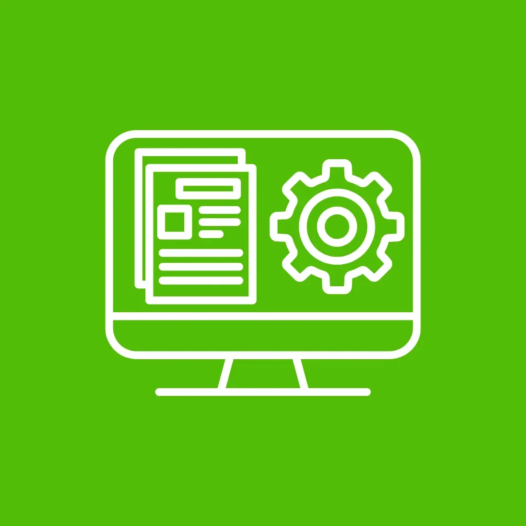 Line drawing of a computer monitor displaying documents and a gear icon on a green background.