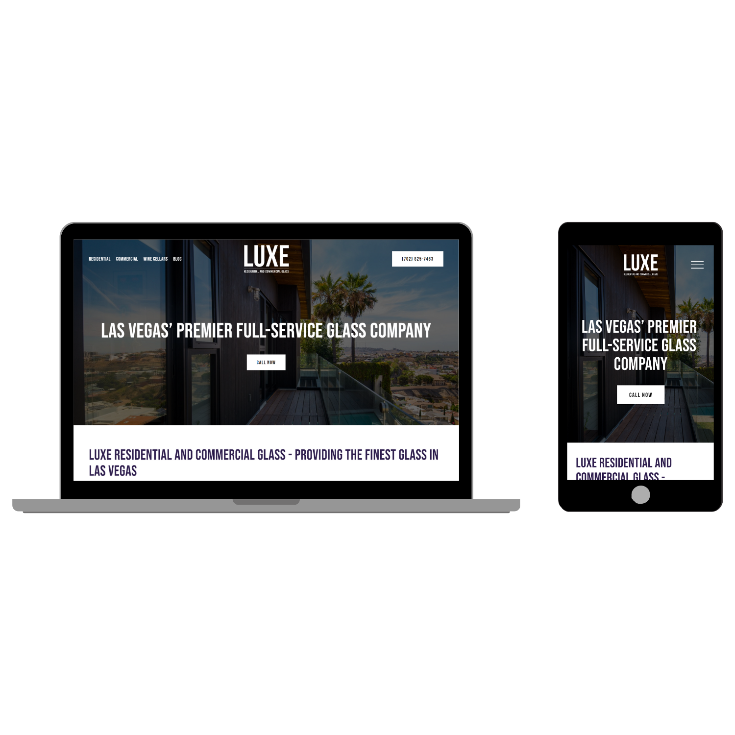 Website displayed on a laptop and smartphone showcasing a glass company's homepage with a call-to-action button labeled "Call Now."