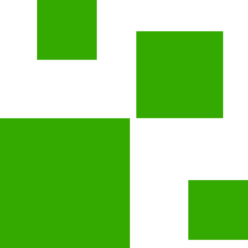 A pixelated image with black background and green squares of different sizes arranged in a pattern.
