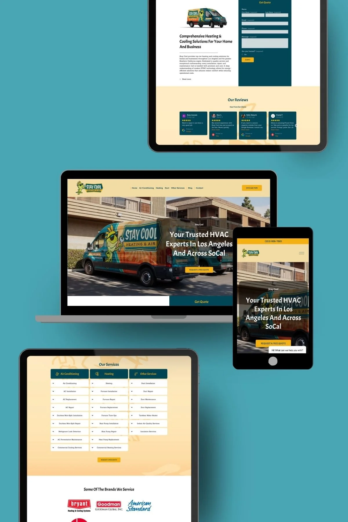 Multiple devices displaying a website, including a tablet, a laptop, a smartphone, and a desktop monitor, all showing the company's HVAC services and contact information.