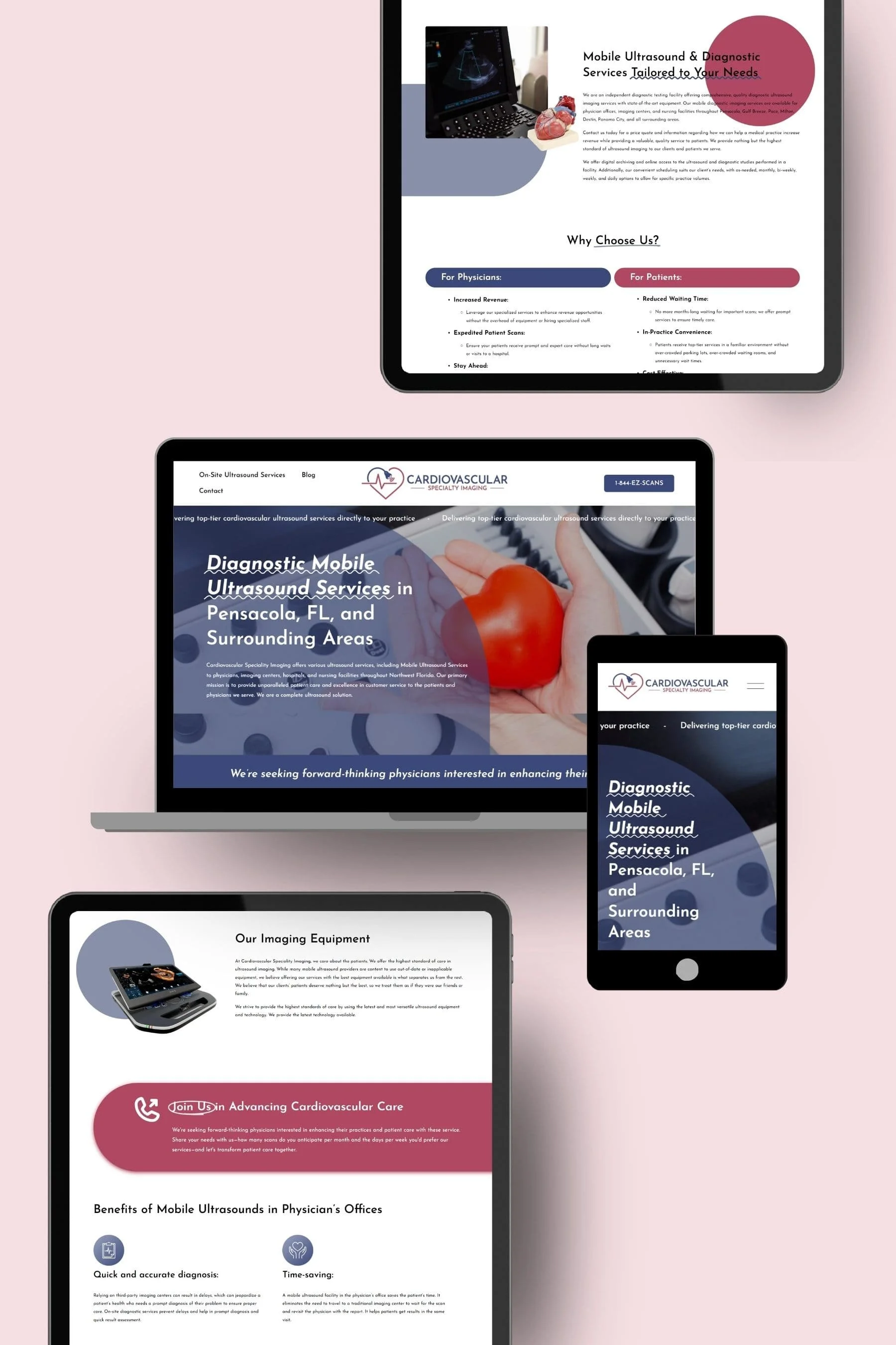Multiple electronic devices displaying a medical service website including a tablet, laptop, and smartphone, with medical imagery and text about diagnostic ultrasound services.