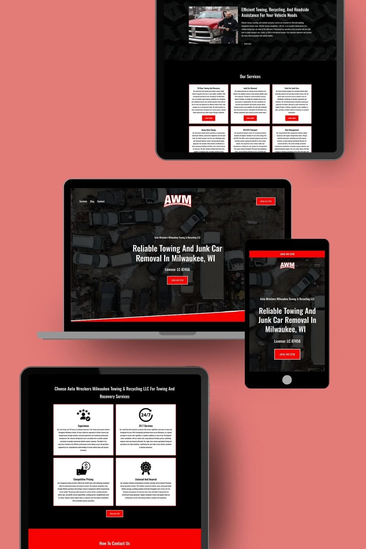 Multiple digital devices displaying a towing and junk car removal service website, with a pink background. The website features a dark-themed design with red accents, showcasing services, contact information, and images related to vehicle towing and recycling.