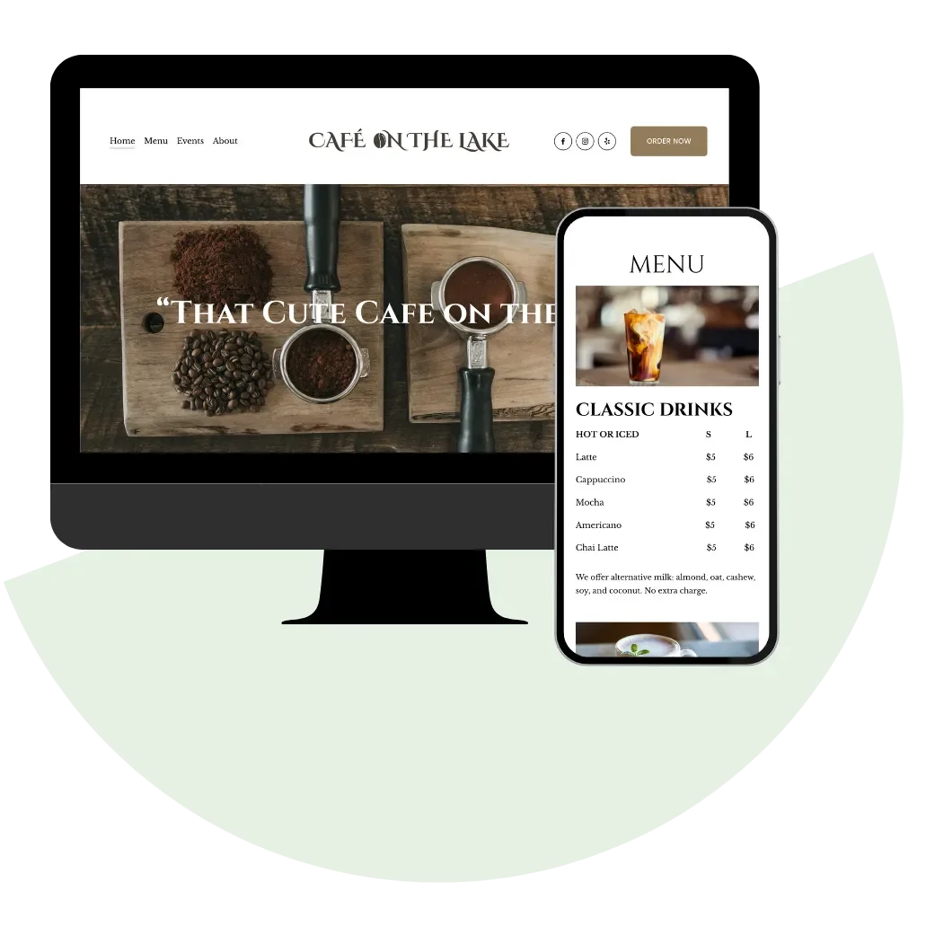Screenshot of a cafe website showing a coffee shop and a mobile menu with coffee drinks and prices.