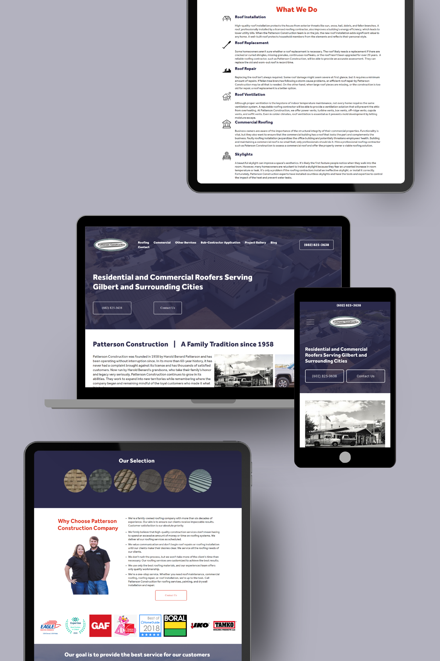 Screenshots of a roofing company's website displayed on various devices, including a laptop, tablet, and smartphone. The website features sections about roof installation, replacement, repair, ventilation, commercial roofing, skylights, and company history with a navigation menu and contact information.
