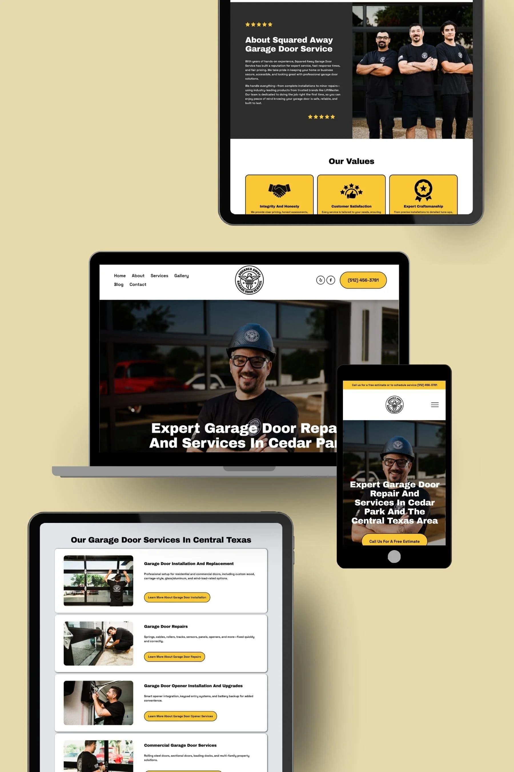Screenshots of a garage door repair company's website displayed on various devices including a computer, tablet, and smartphone, featuring images of technicians, contact information, and service descriptions.