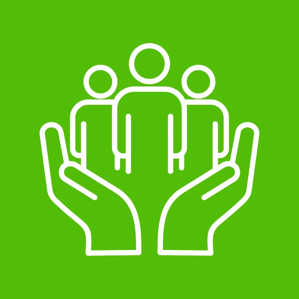 Icon of three people inside large hands, green background, representing support or community.