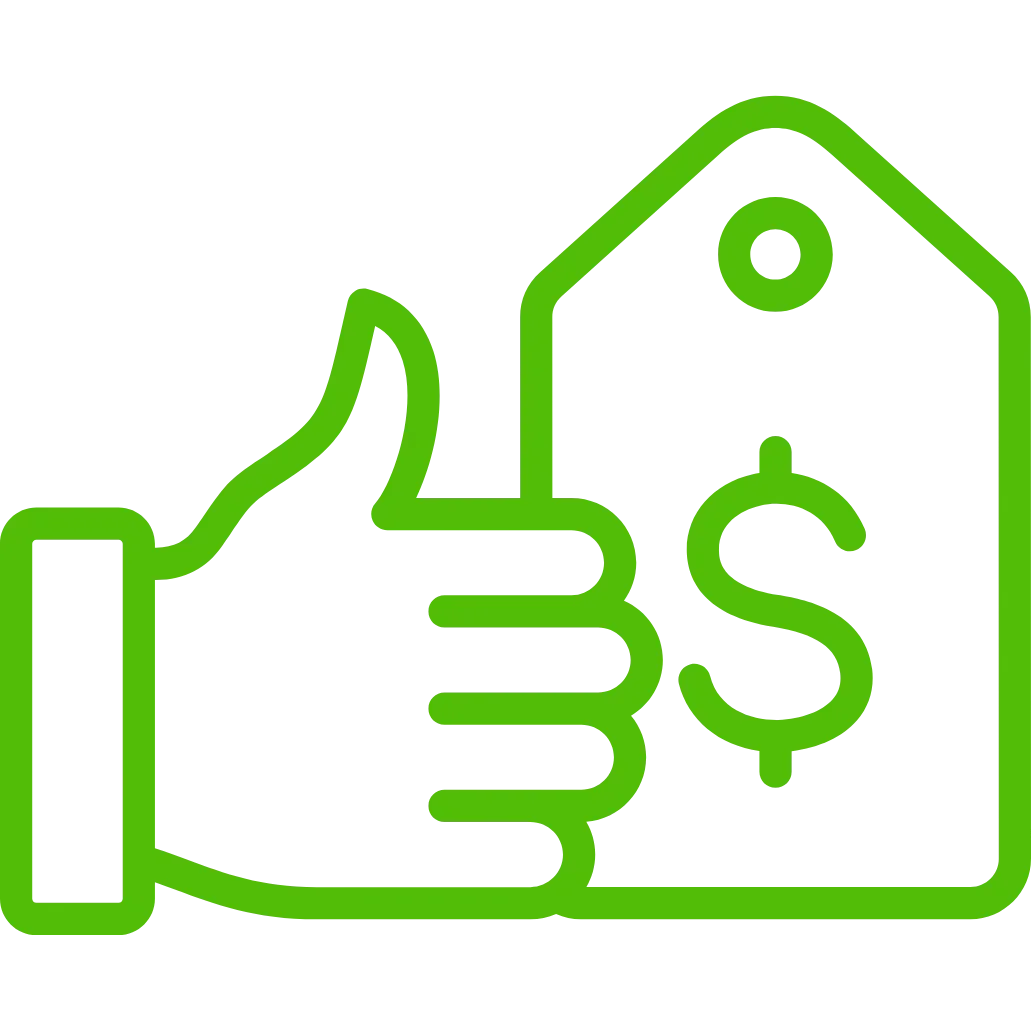 A green outline of a hand holding a price tag, with a dollar sign on a bill attached to it.