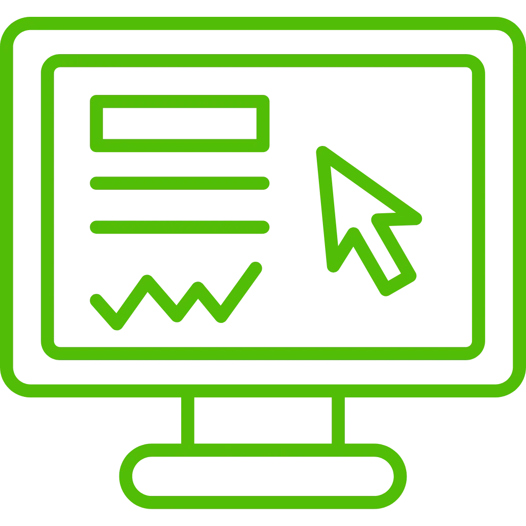 Outline of a computer monitor showing a graphical user interface with a document, a line graph, and a cursor arrow.