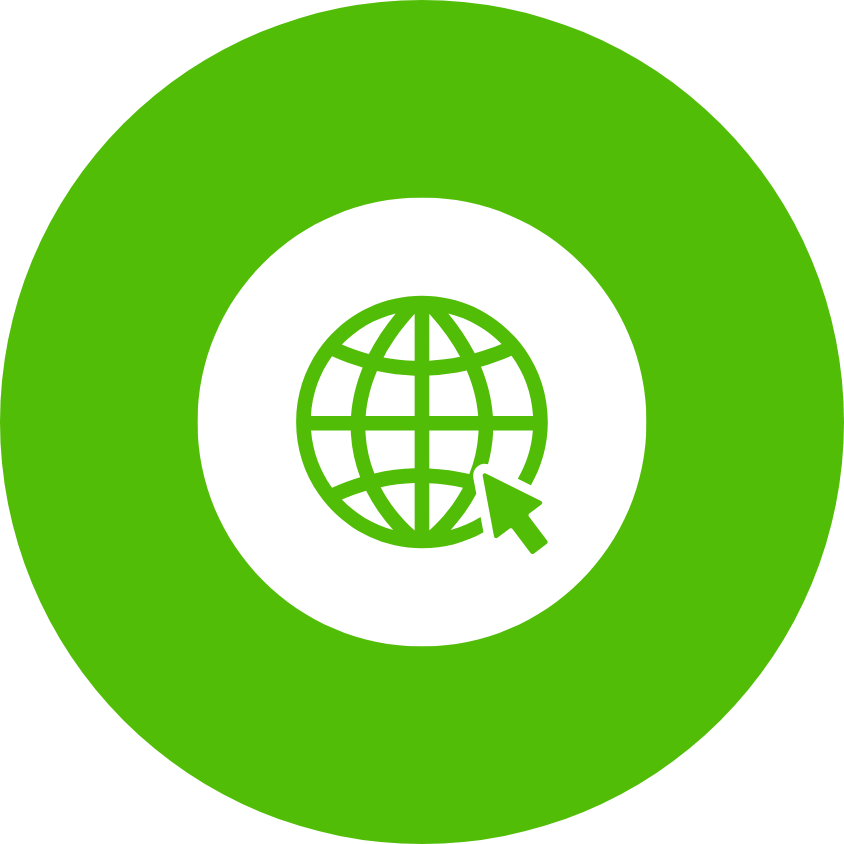 Green circular icon with a globe and a cursor arrow indicating internet or web access.