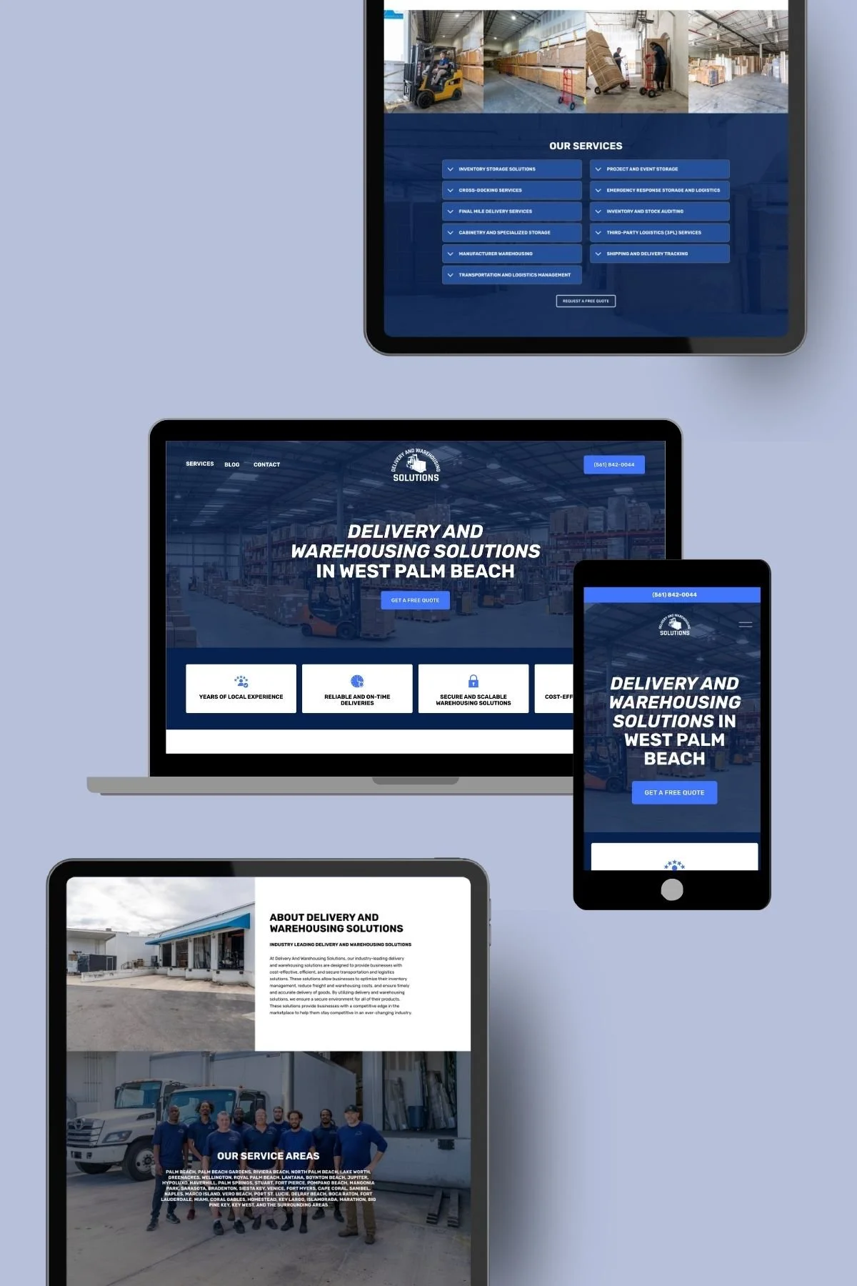 Screenshots of a delivery and warehousing company's website displayed on various devices, including a tablet, laptop, smartphone, and a computer monitor. The website features images of warehouse activities, such as forklift operation and staff members, and includes sections about services, company information, and contact details.