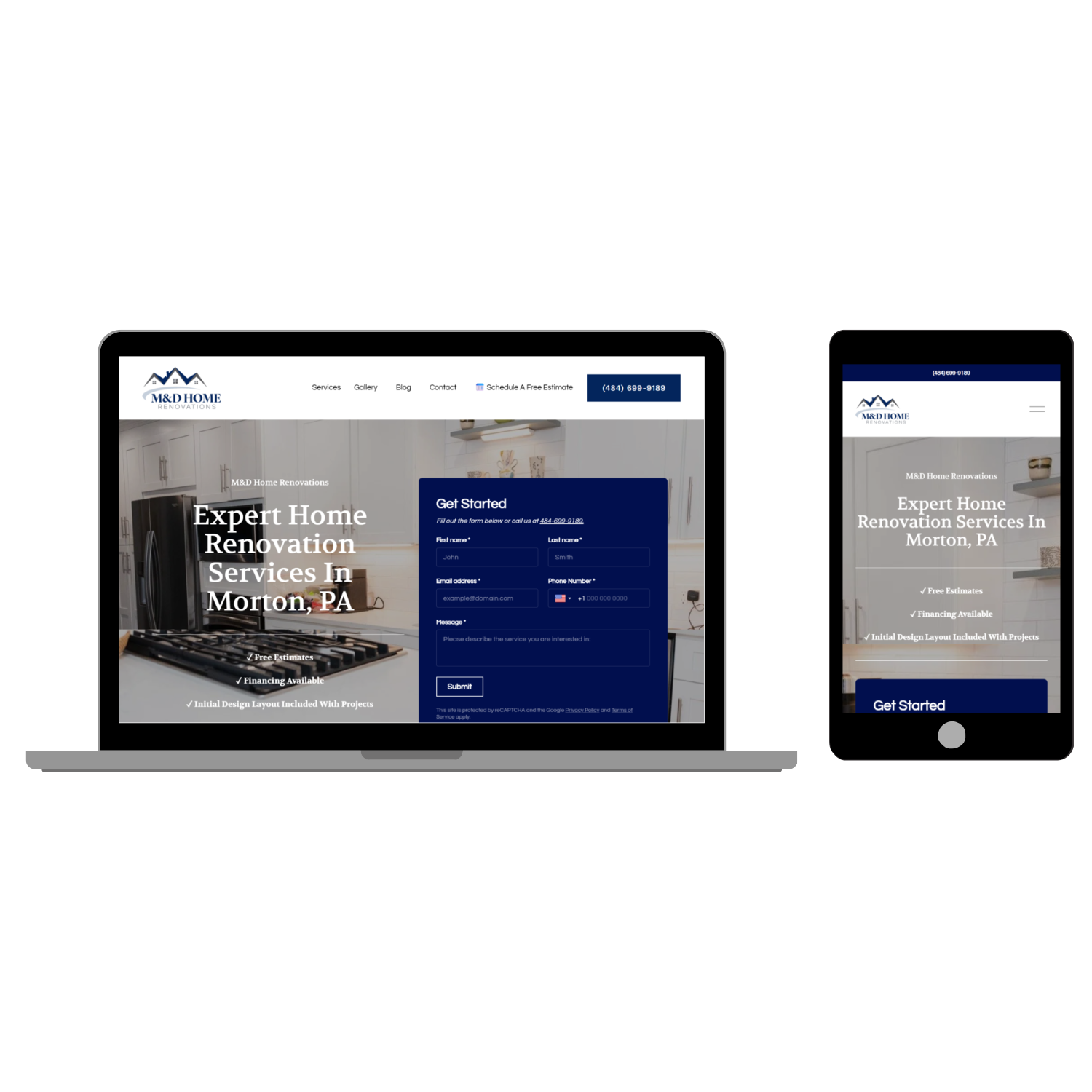 Laptop and smartphone displaying a home renovation service website.
