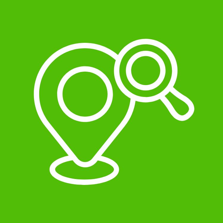Map pin icon with a magnifying glass on a green background.