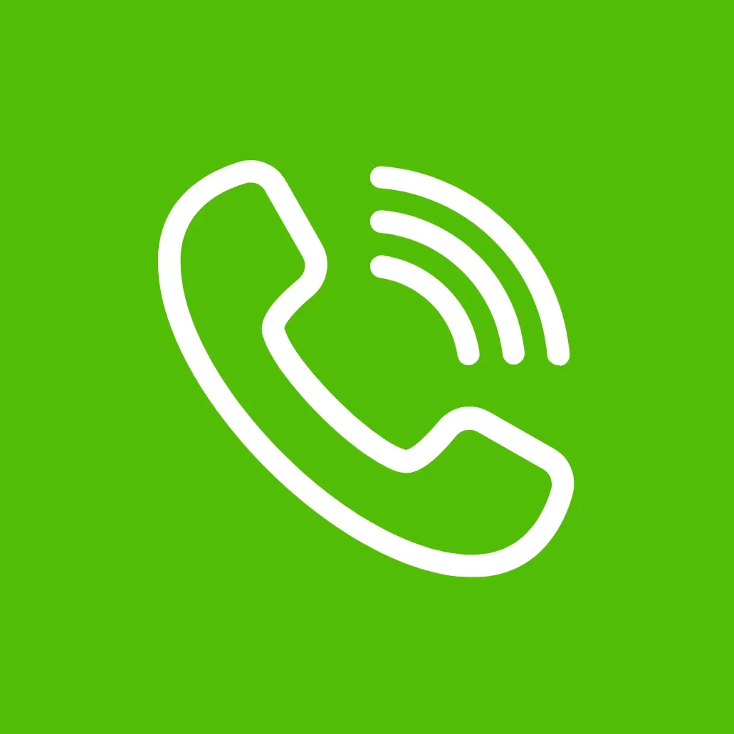 Icon of a telephone with sound waves on a green background.